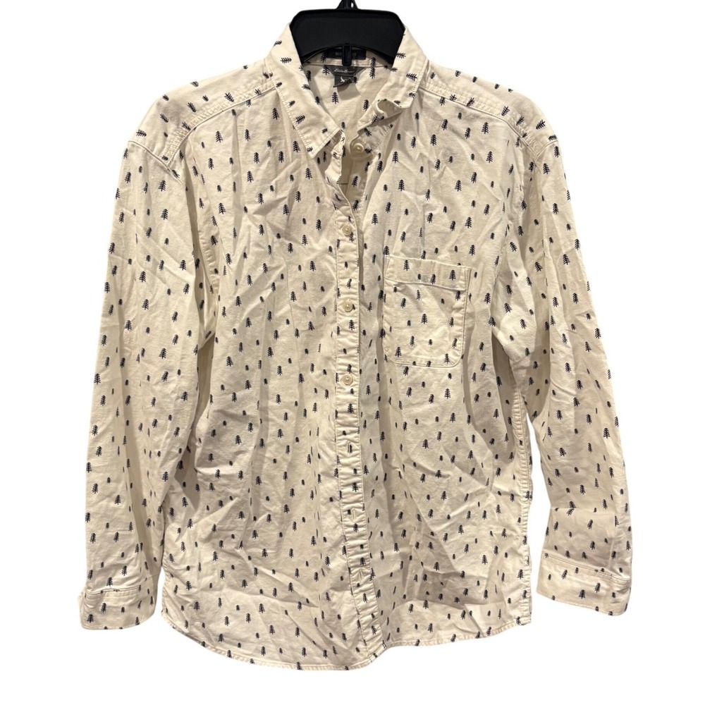 Gorpcore Cabincore Woodsy Eddie Bauer Women Ivory Pine Tree Boyfriend Shirt M